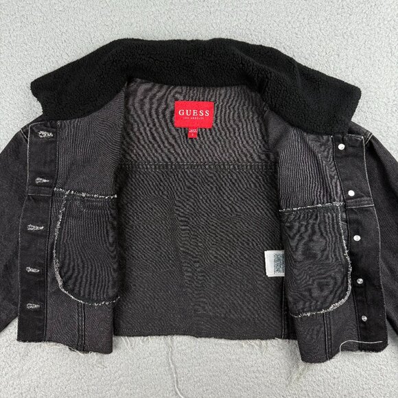 Guess Jacket Womens Small S Black Denim Colbie Sherpa Collar Cutoff Cropped Jean - Picture 4 of 10